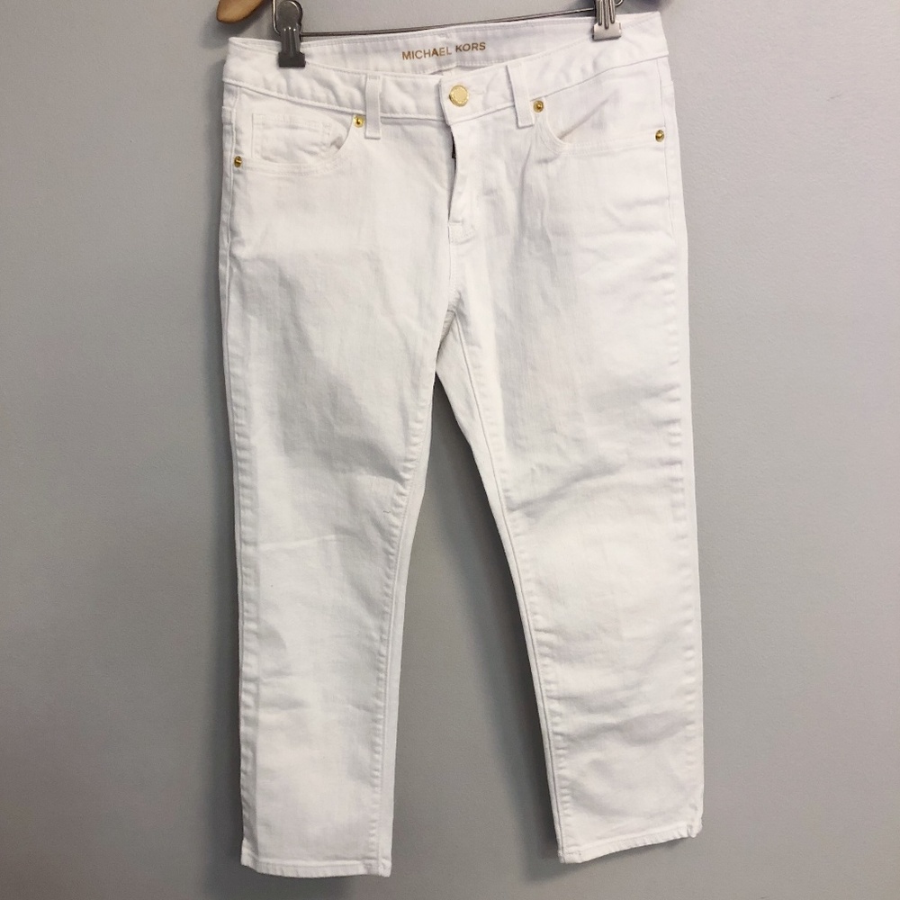 MICHAEL KORS White Skinny Crop Jean Gold Hardware
